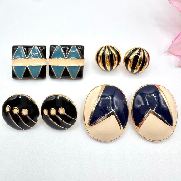 Vintage Geometric Enamel Earring Lot Retro 80s 90s Mod Runway Chic 4 Pair Fun - Picture 1 of 12